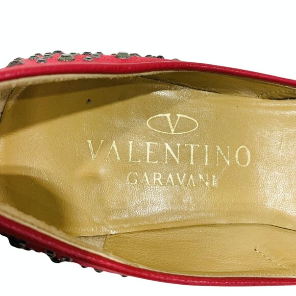 VALENTINO GARAVANI Red Satin Crystal Embellishments Flats EU 37 Bedazzled Ballet - Picture 8 of 11